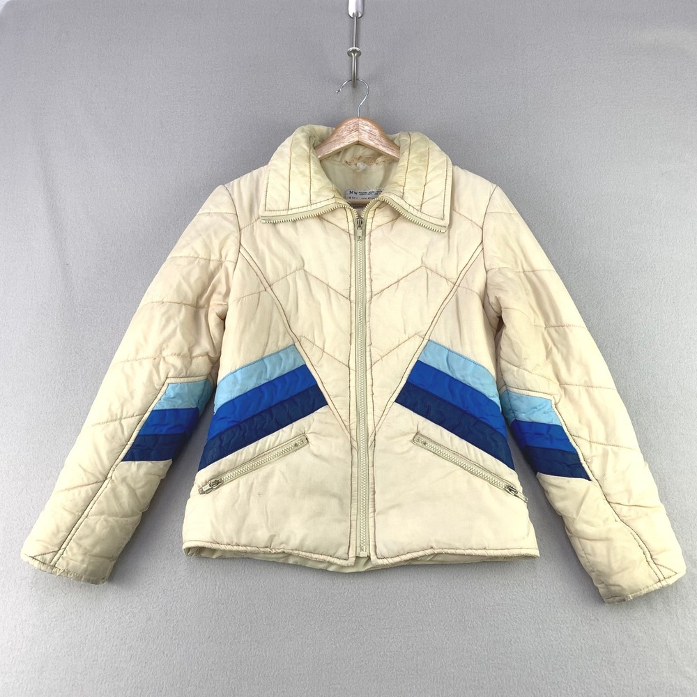 VTG JCPenney Puffer Jacket Womens S Cream Blue Retro Stripe Quilted Ski 70s